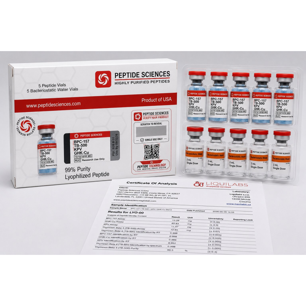 Peptide Sciences BPC-157 + TB-500 + KPV + GHK-Cu (10/10/10/50 MG) 5 Flakon Set + Antibakteriyel Su