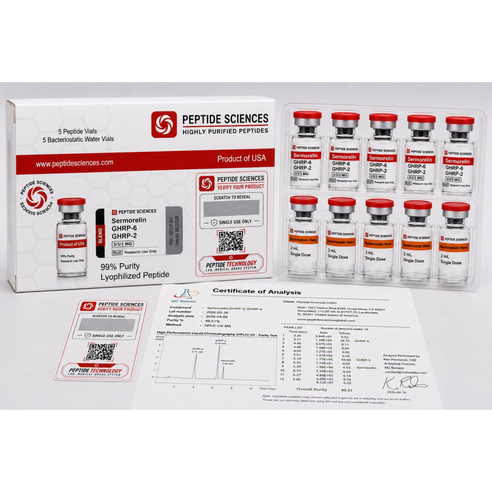 Peptide Sciences Sermorelin + GHRP-6 + GHRP-2  5 Flakon + Antiibakteriyel Su