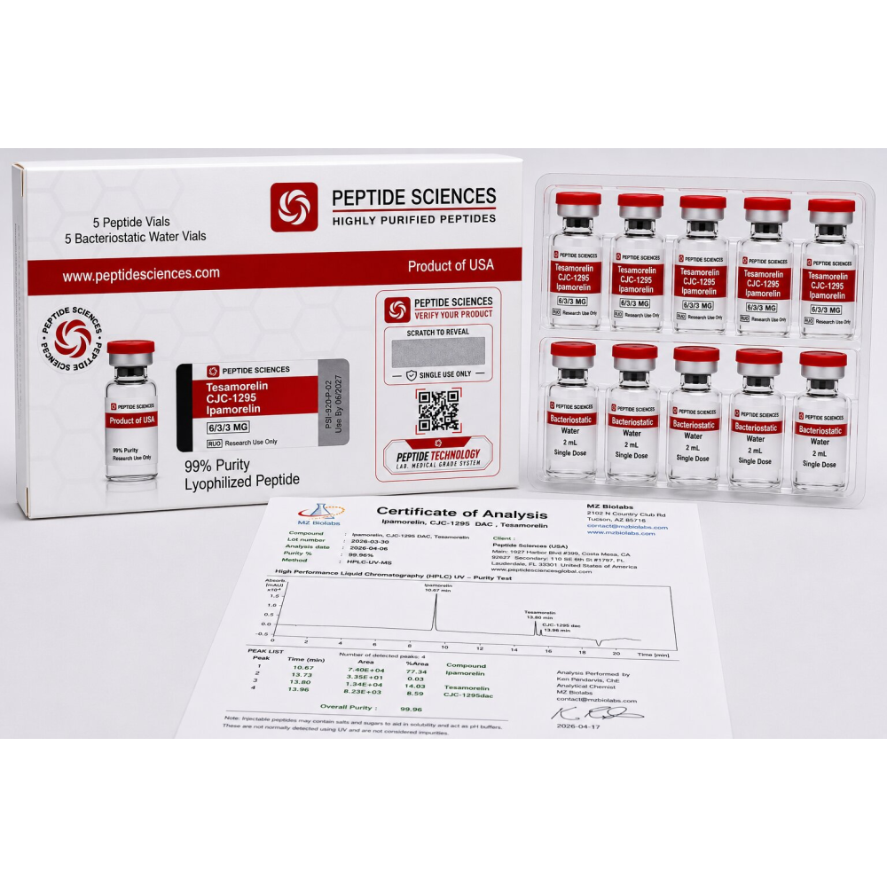 Peptide Sciences Tesamorelin + CJC-1295 + Ipamorelin Combo (6 mg / 3 mg / 3 mg) – 5 Flakon Set + Antibakteriyel Su